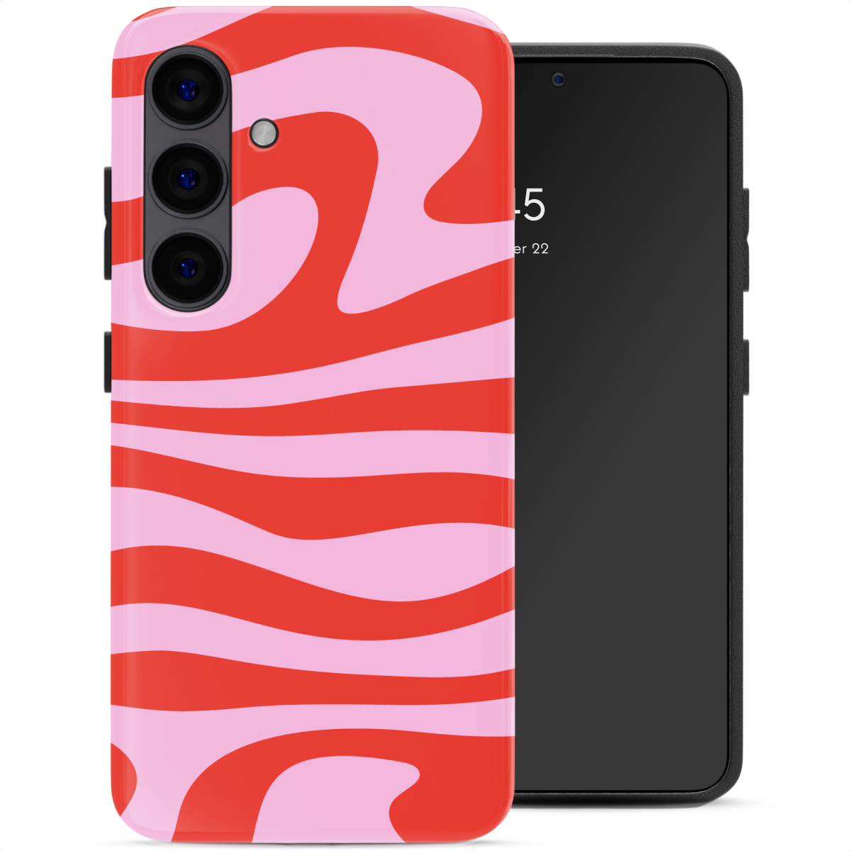 Coque de téléphone à motif ondulé rouge et rose à côté d'un téléphone noir.