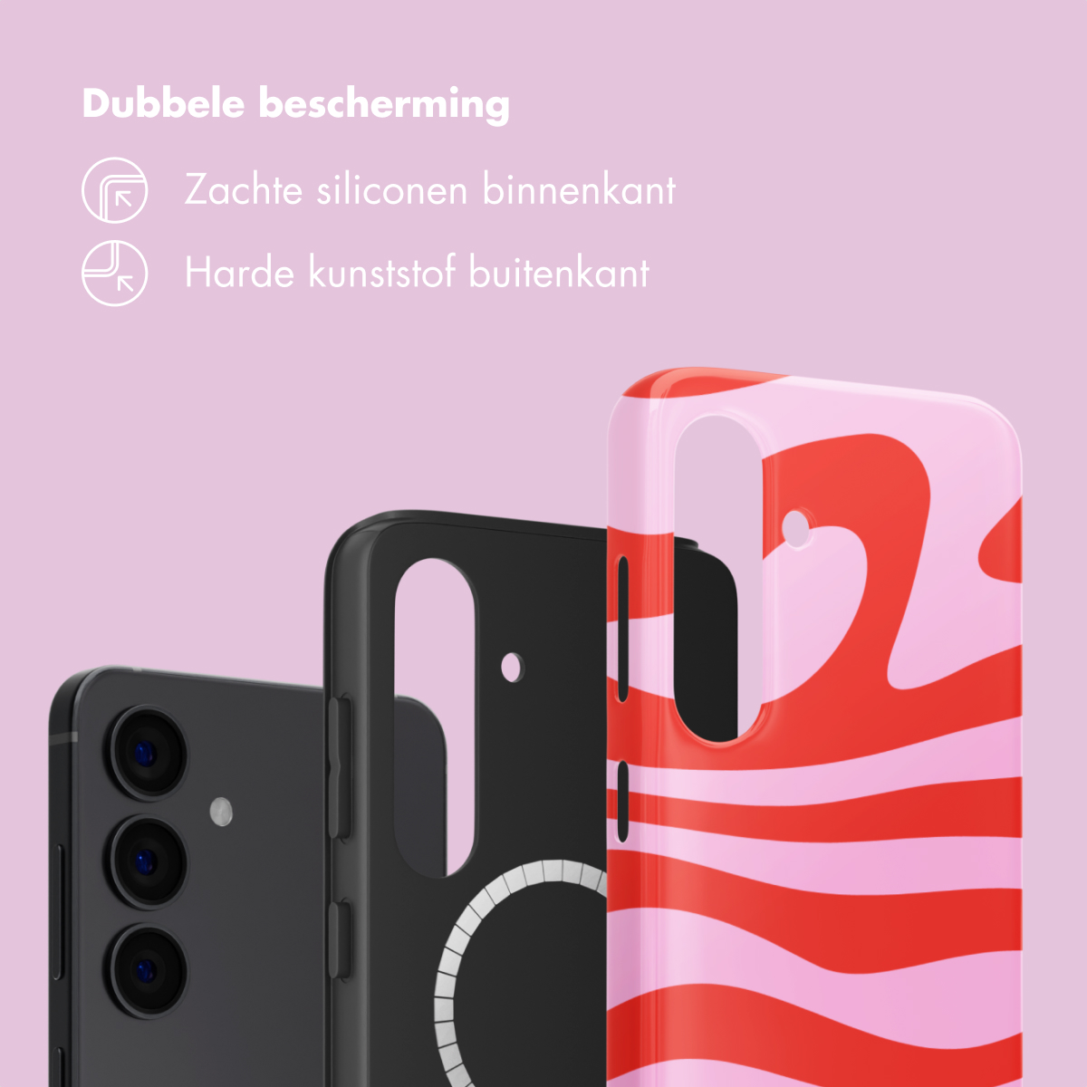 Trois coques de téléphone côte à côte : noire, à motifs rouge-rose et une coque noire.