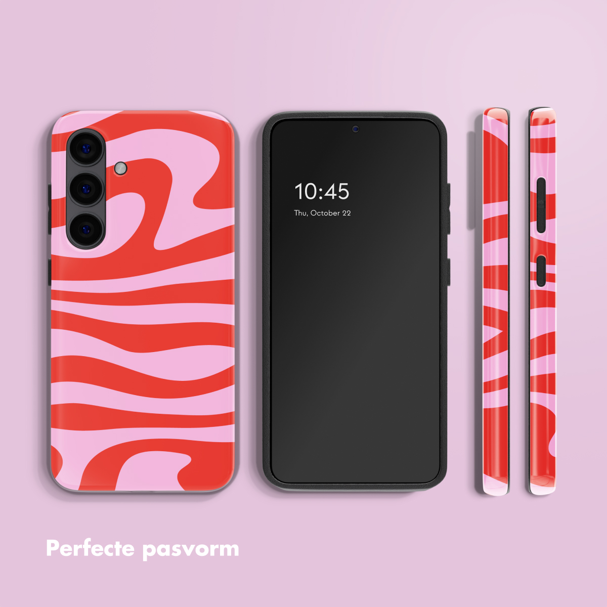 Un smartphone avec un motif ondulé rose et rouge, flanqué de deux coques.
