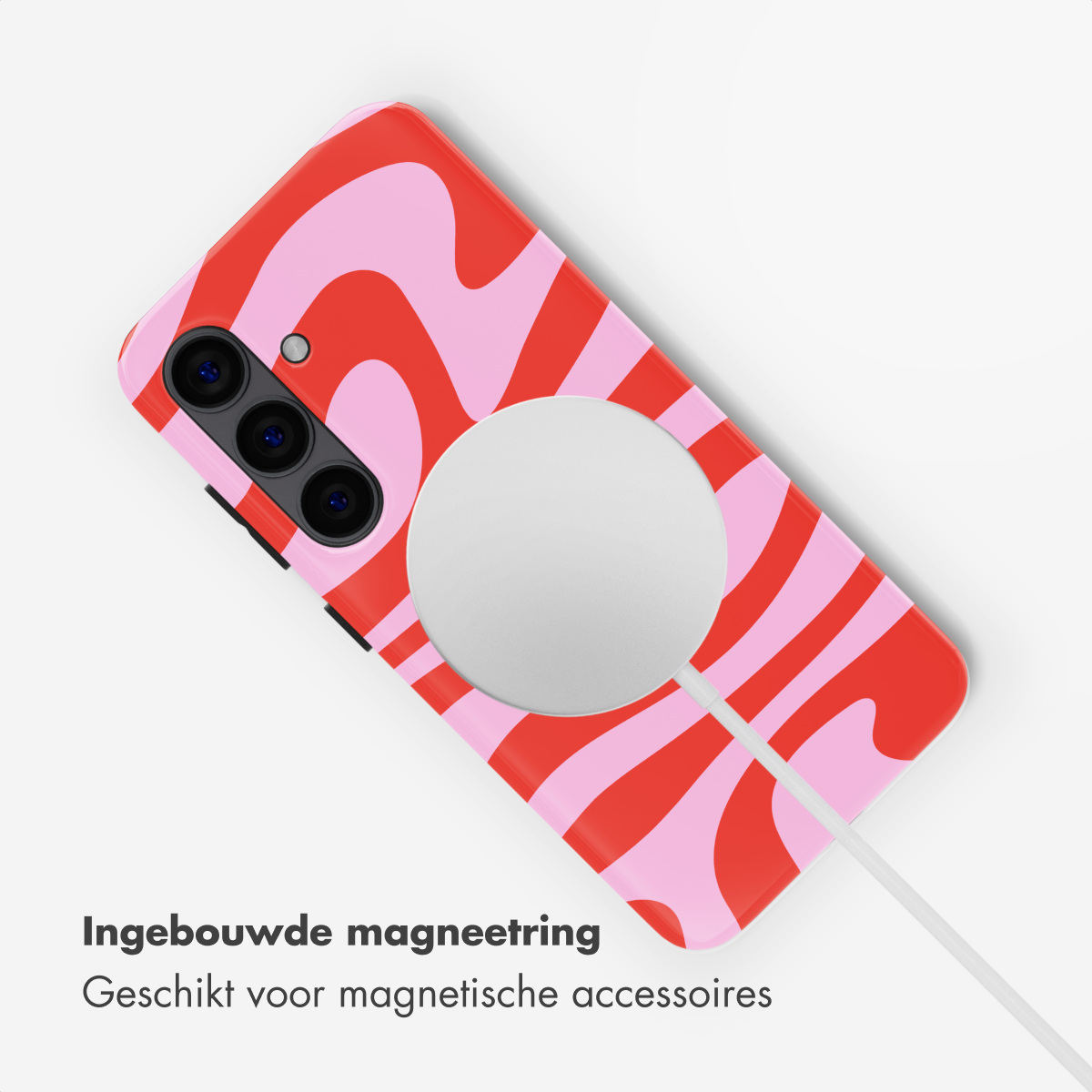 Coque de téléphone rouge et rose à motif ondulé avec anneau magnétique.