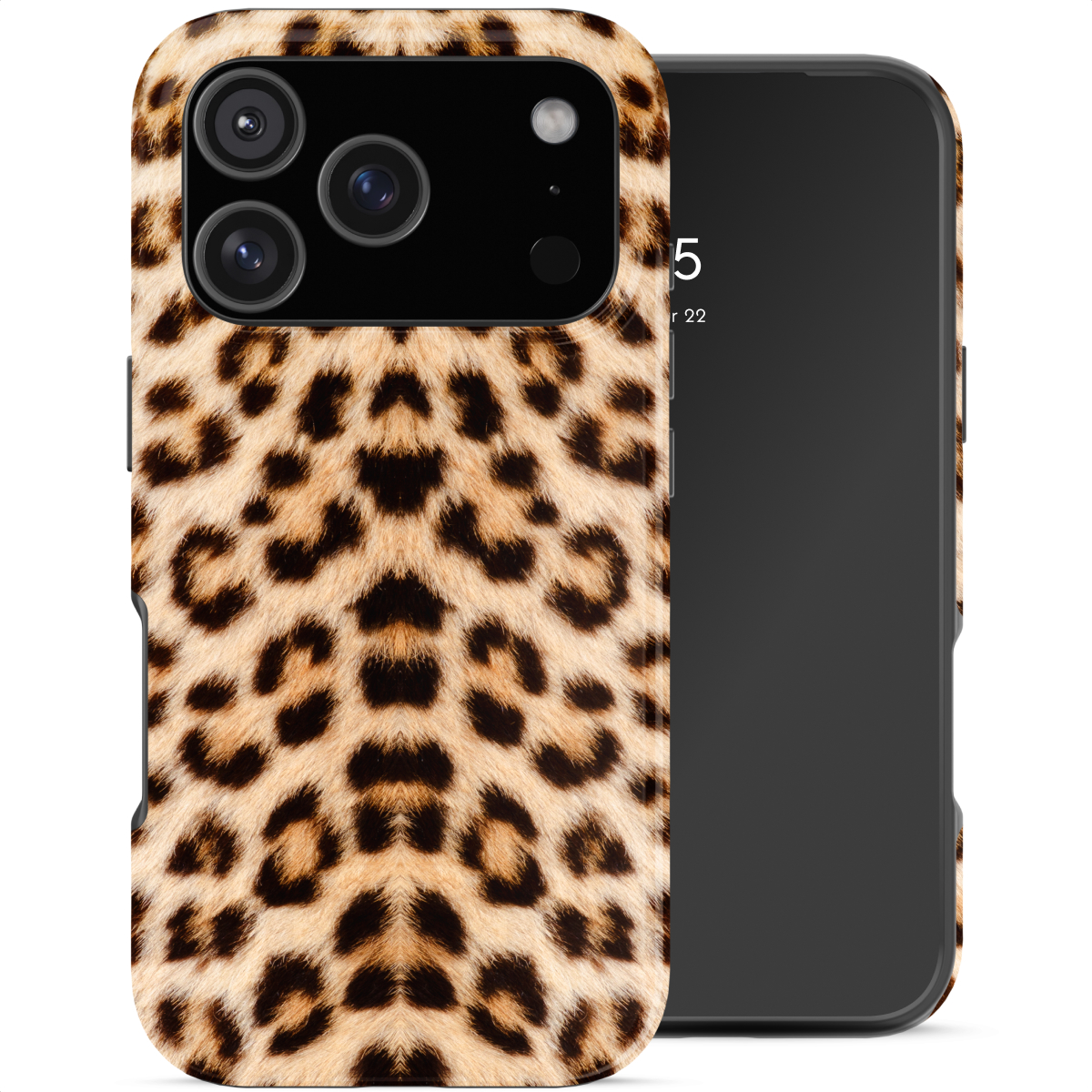 Telefoonhoesje met luipaardprint naast een zwarte smartphone met de tijd 5:22.