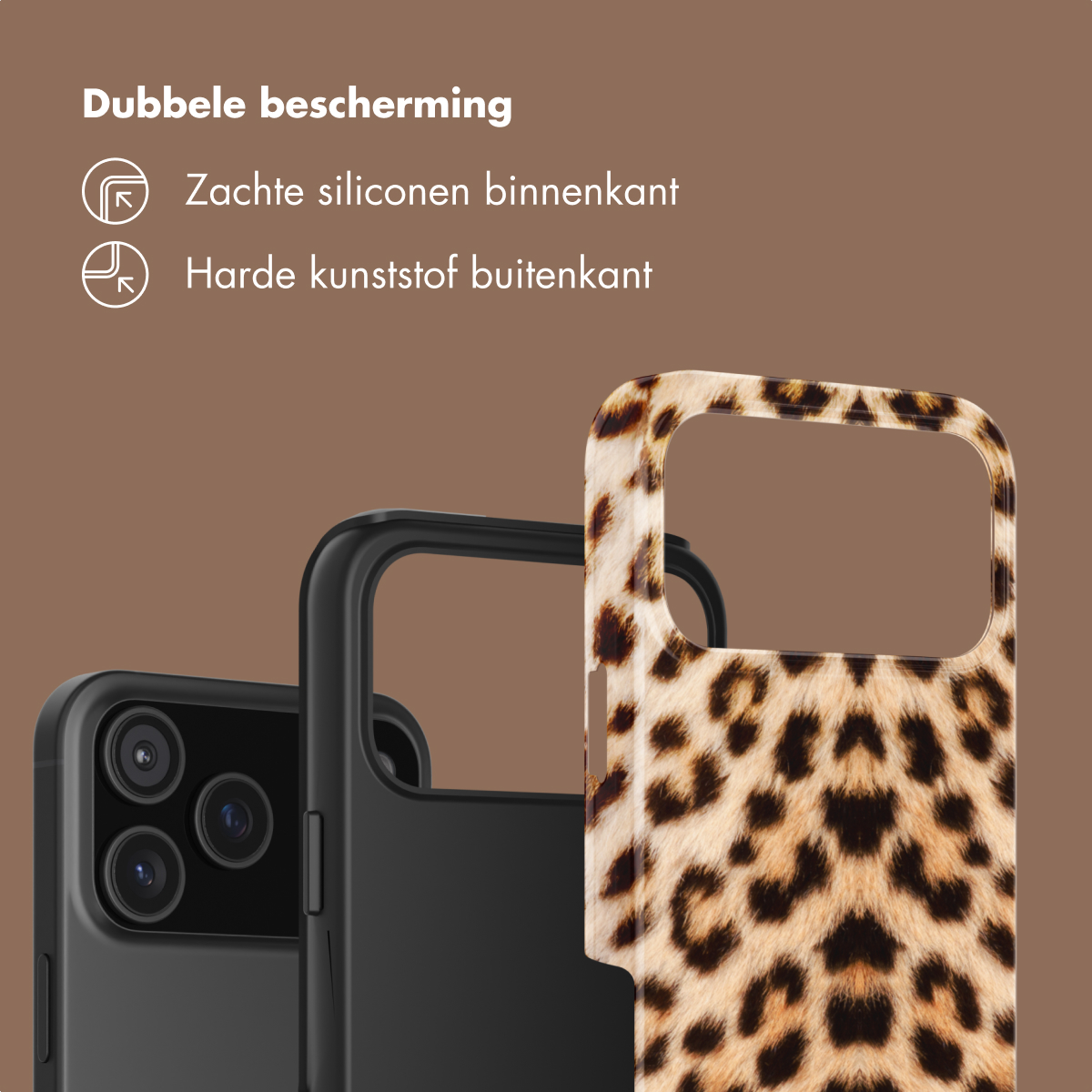 Twee telefoonhoesjes: een zwarte en een met luipaardprint.