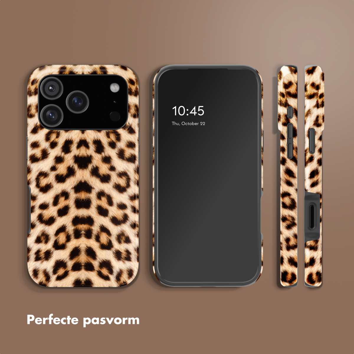 Telefoonhoesje met luipaardprint, getoond vanuit drie hoeken.