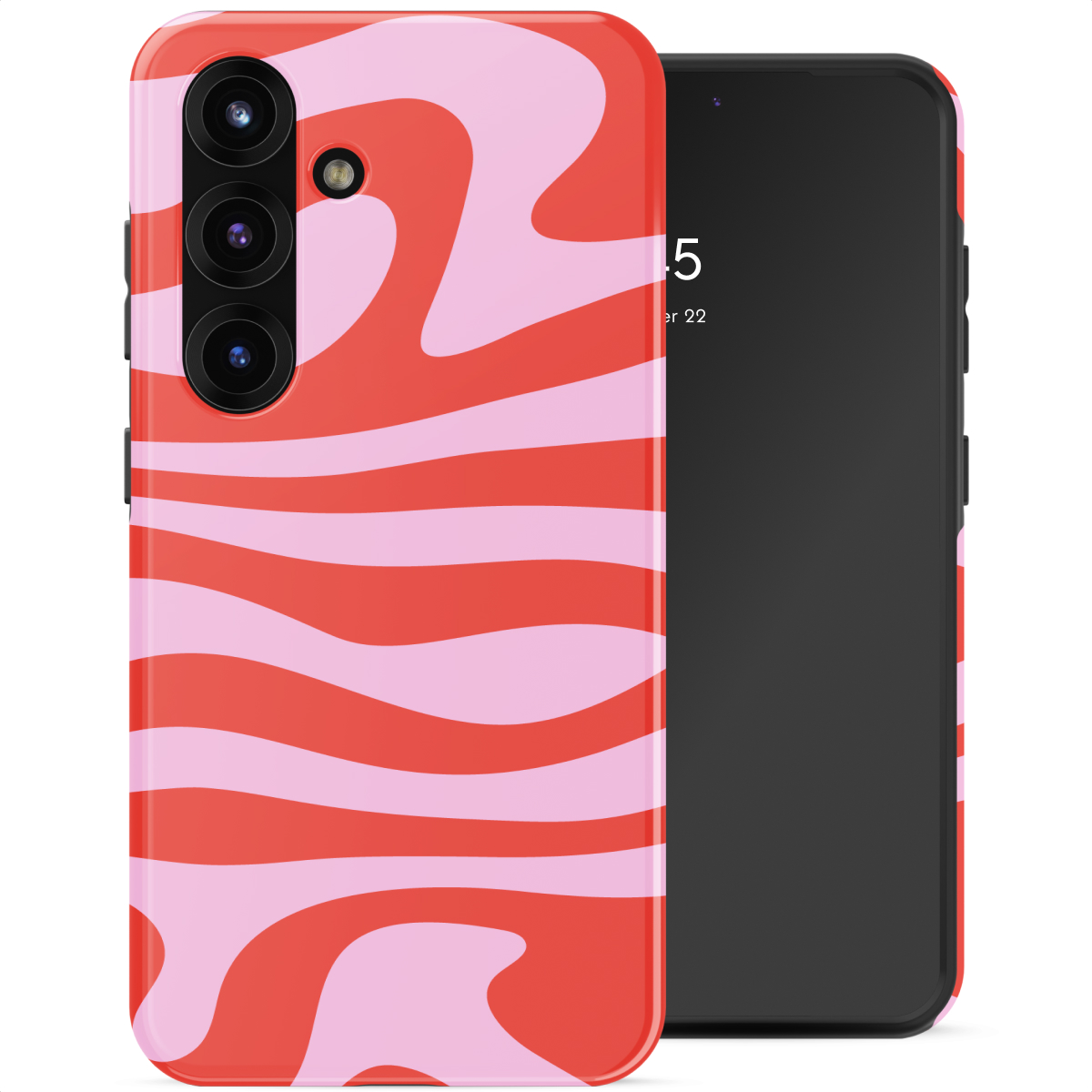 Een rood en roze telefoonhoesje met golvend patroon naast een smartphone.
