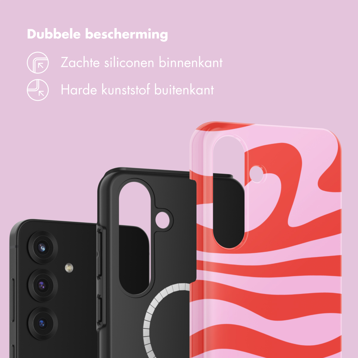 Drie telefoonhoesjes: zwart met camera, zwart met cirkel, kleurrijk met golvend patroon.