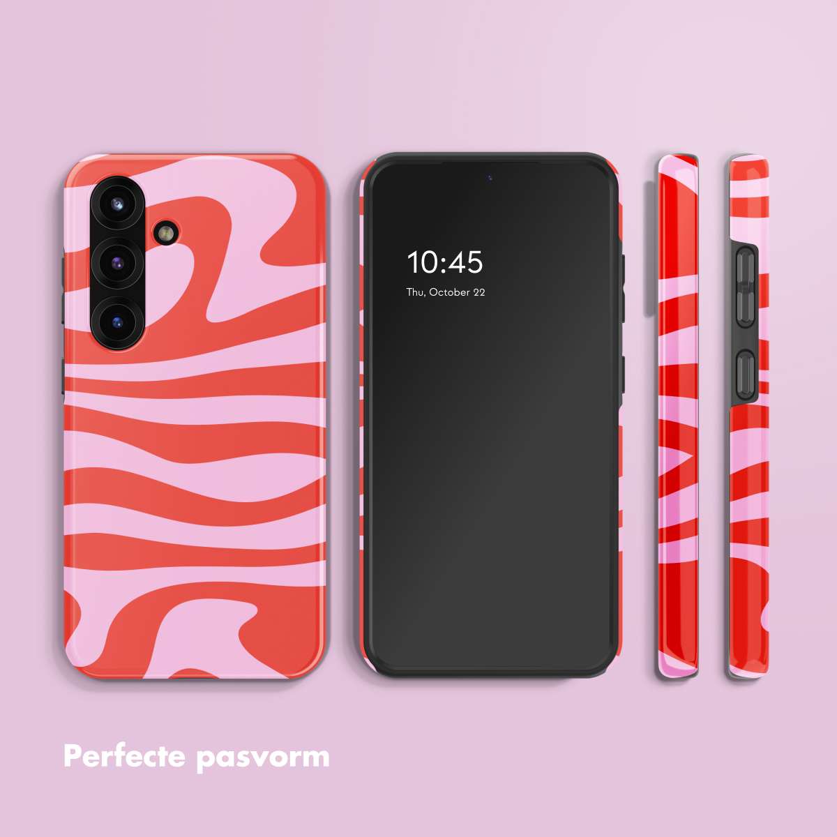 Een smartphone met rode en roze golvende hoes, tekst 'Perfekte pasvorm'.