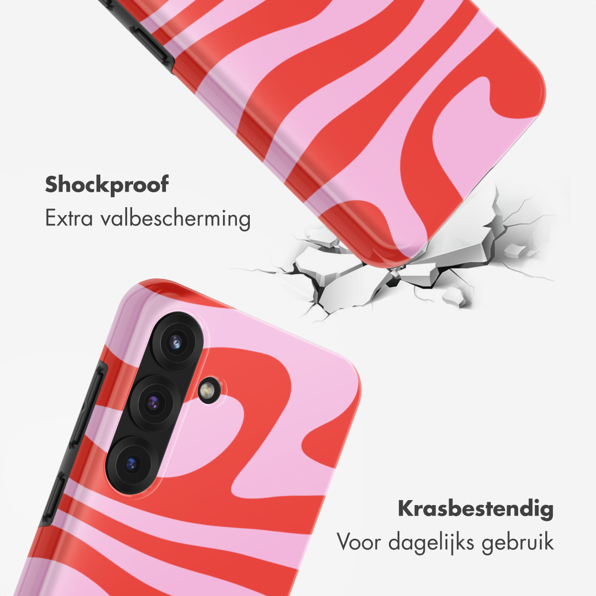 Rood en roze telefoonhoesje met golvend patroon, schok- en krasbestendig.