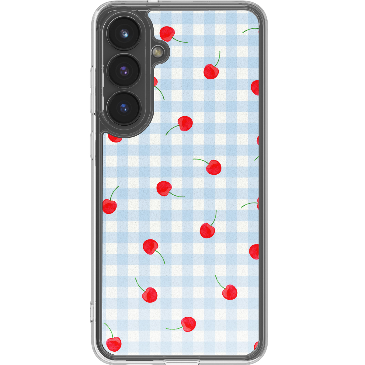 Een telefoonhoesje met een blauw-wit ruitpatroon en rode kersen.