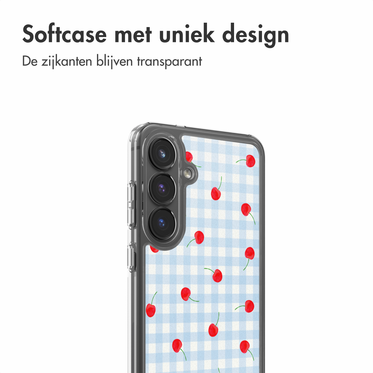 Transparante telefoonhoes met blauw geblokt patroon en rode kersen.
