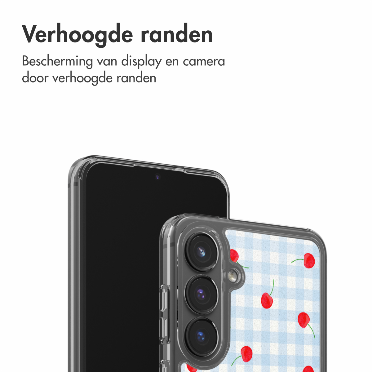 Een smartphone met een doorzichtige hoes met kersenpatroon op de achtergrond.