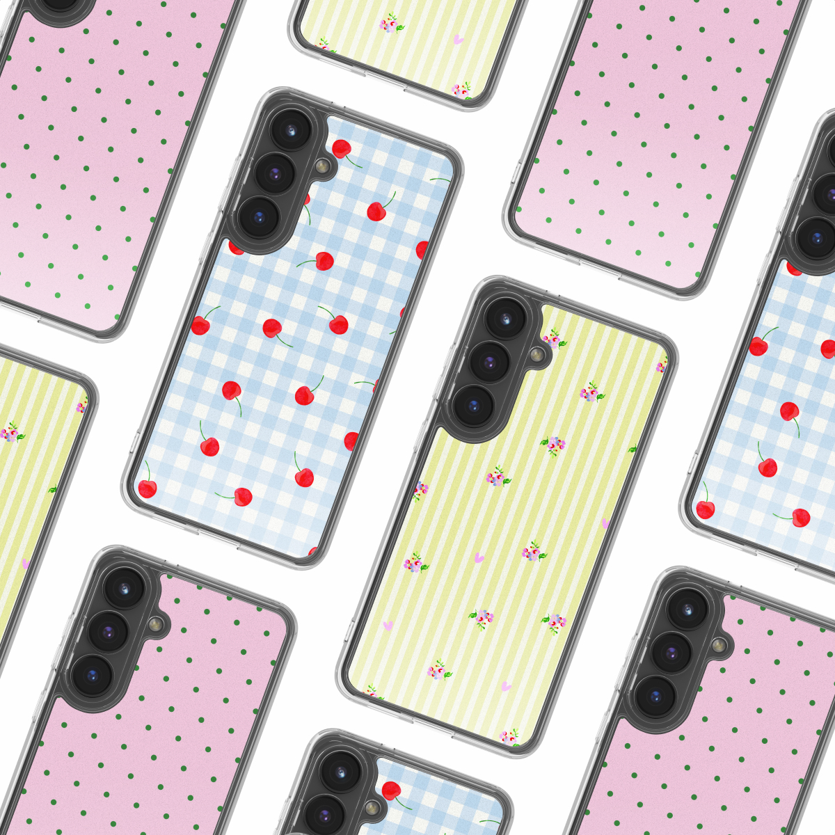Meerdere telefoonhoesjes met patronen: kersen, stippen en bloemen op witte achtergrond.