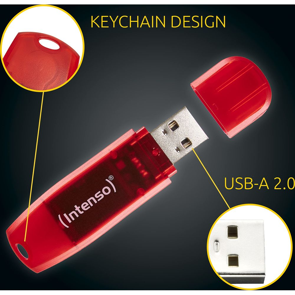 Chiavetta USB rossa con cappuccio rimovibile e logo "Intenso". Primo piano del connettore USB.