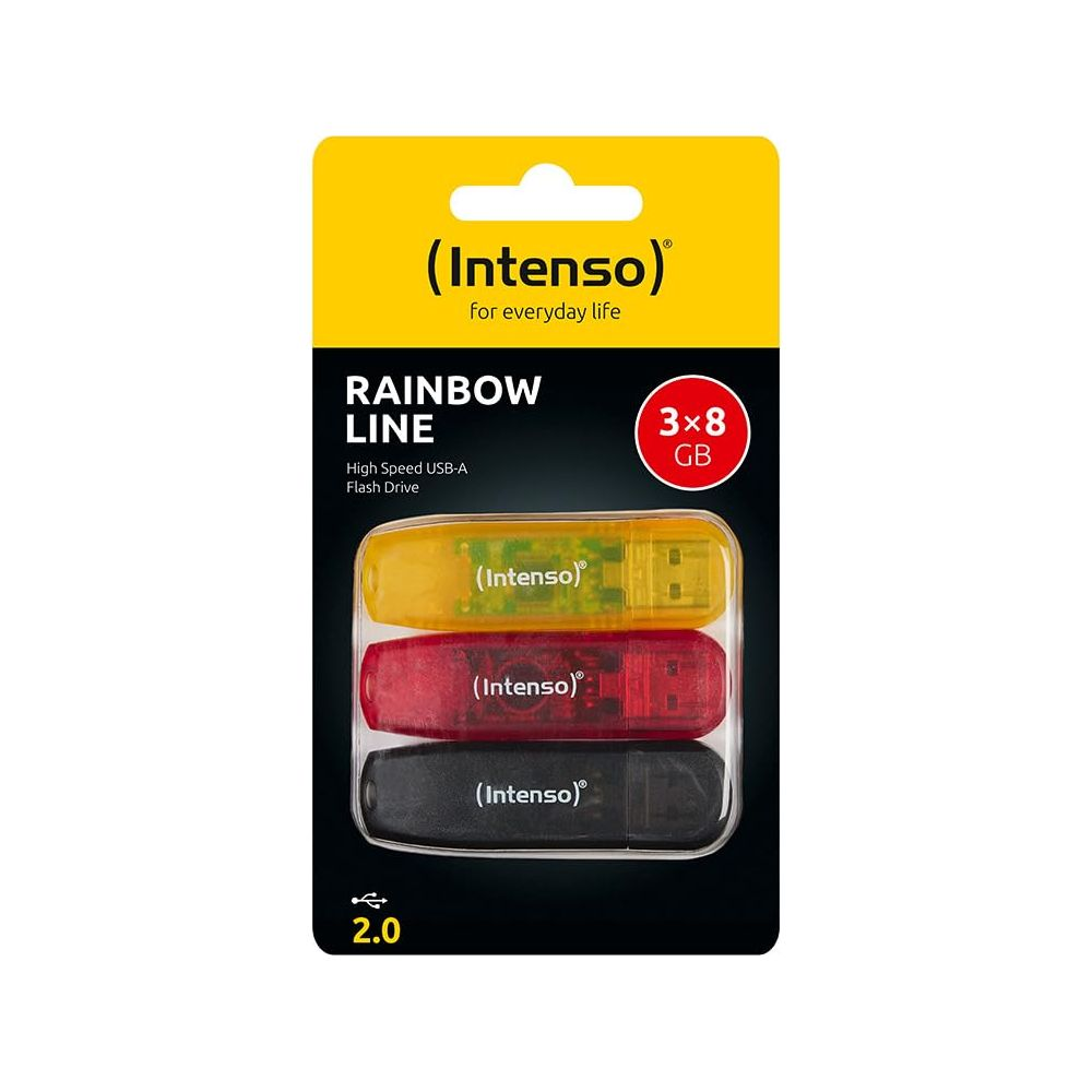 Confezione con tre chiavette USB Intenso gialle, rosse e nere.