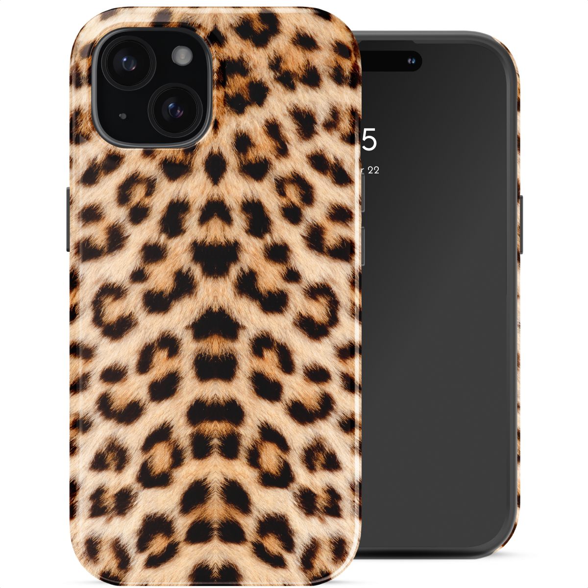 Een telefoon met een luipaardprint hoesje en zwart scherm.