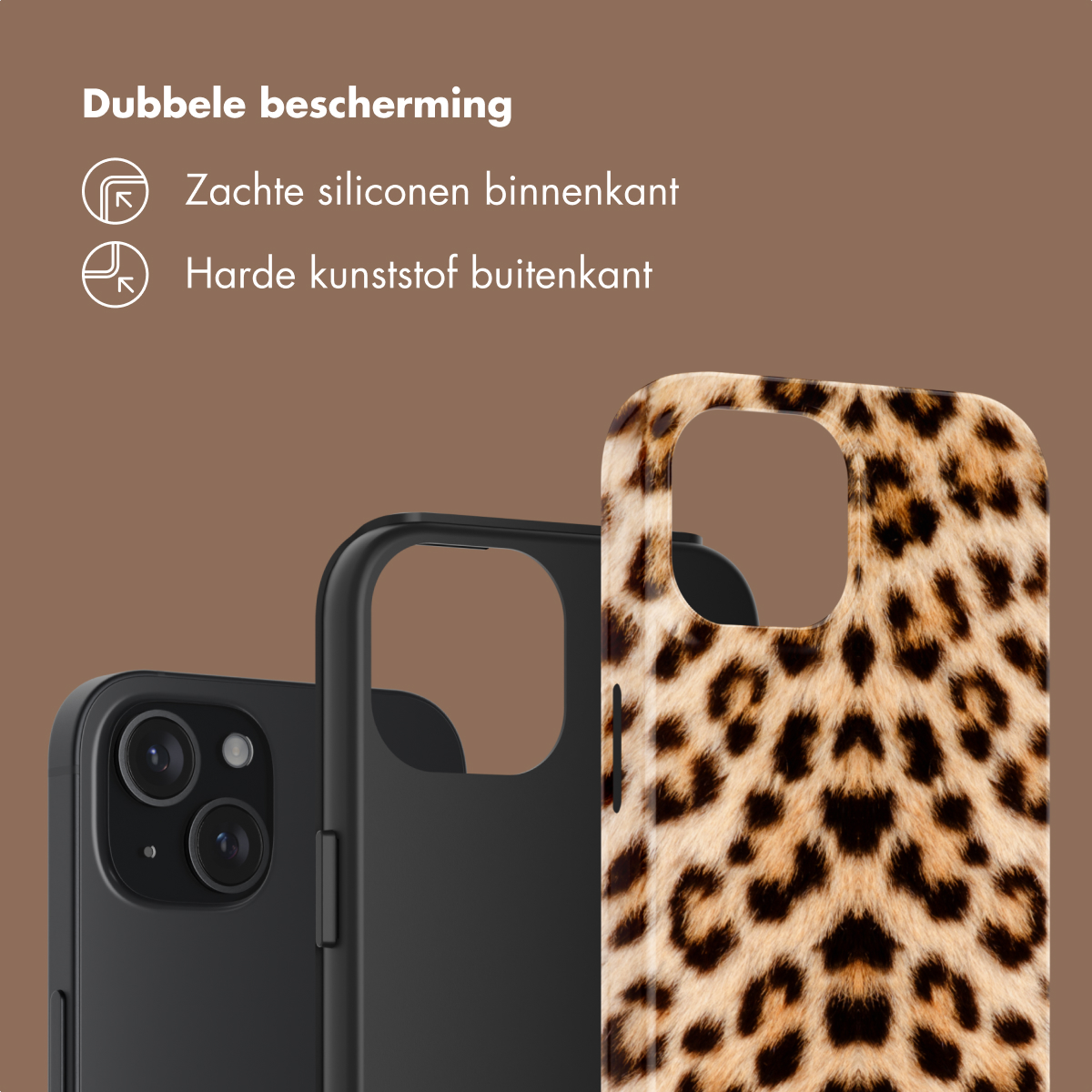 Zwarte telefoon met luipaardprint hoesje en beschermhoes.