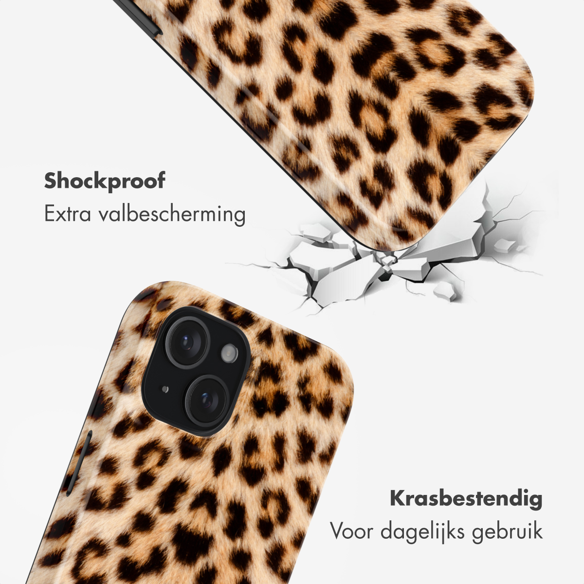 Telefoonhoesje met luipaardprint, cameramodule en gebroken vloer.
