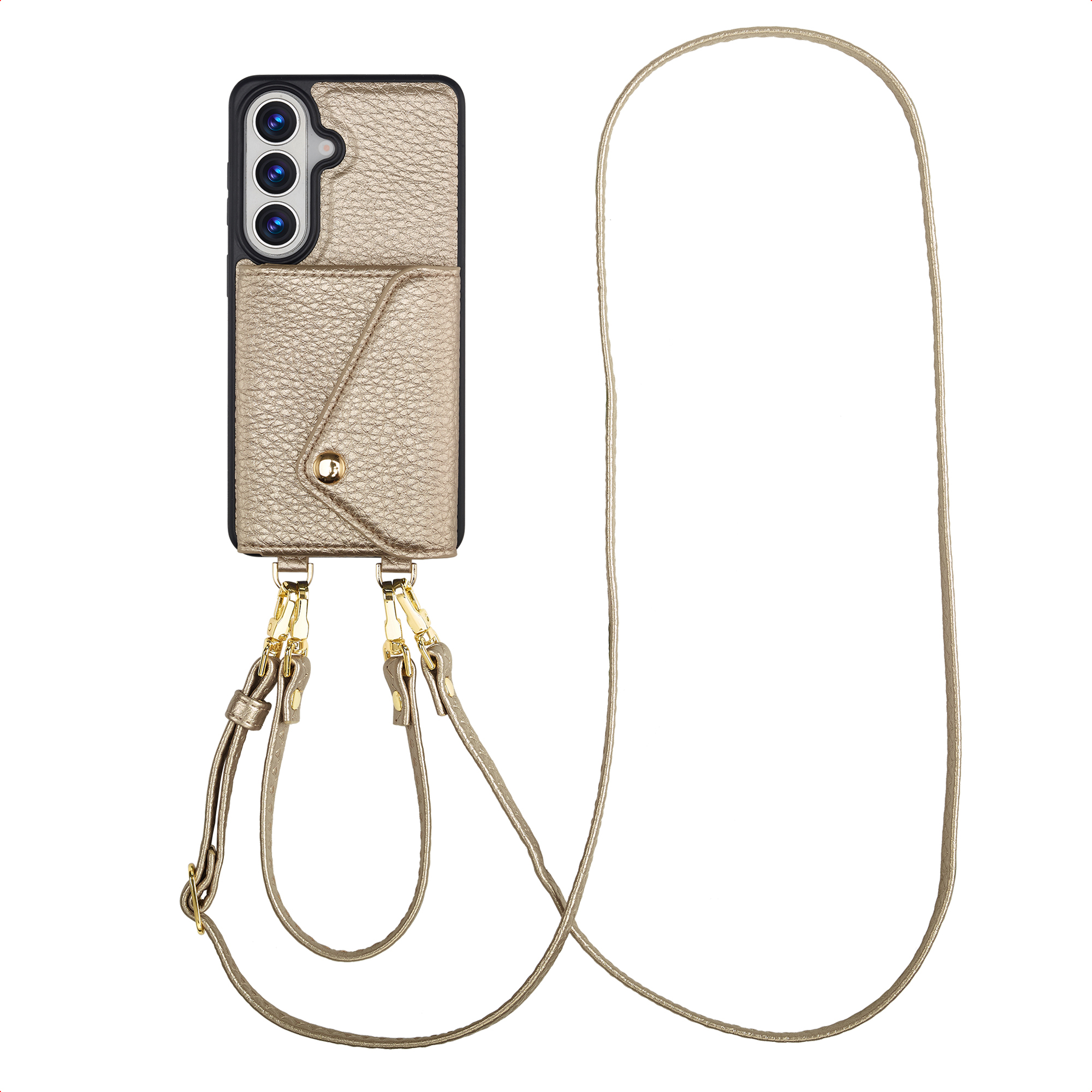 Custodia dorata per telefono con portafoglio e tracolla.