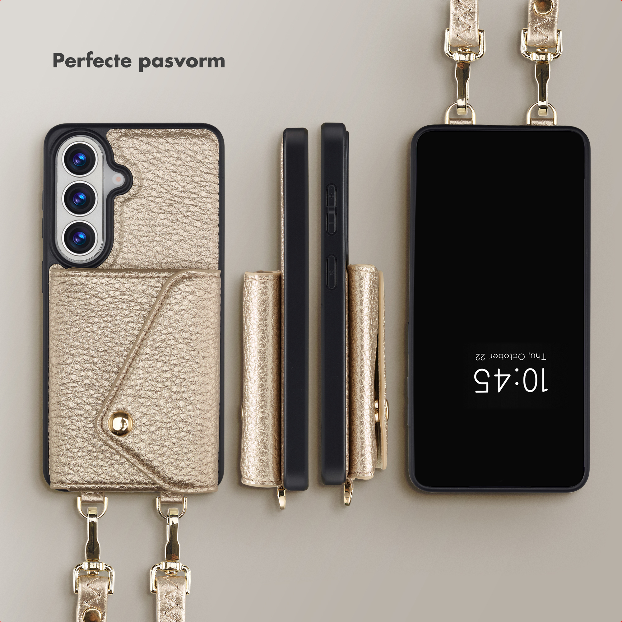 Custodia dorata per telefono con porta carte e cinturino, vista frontale, laterale e posteriore.