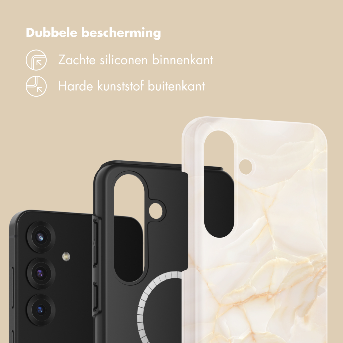 Trois coques de téléphone de couleurs et designs variés sur fond neutre.