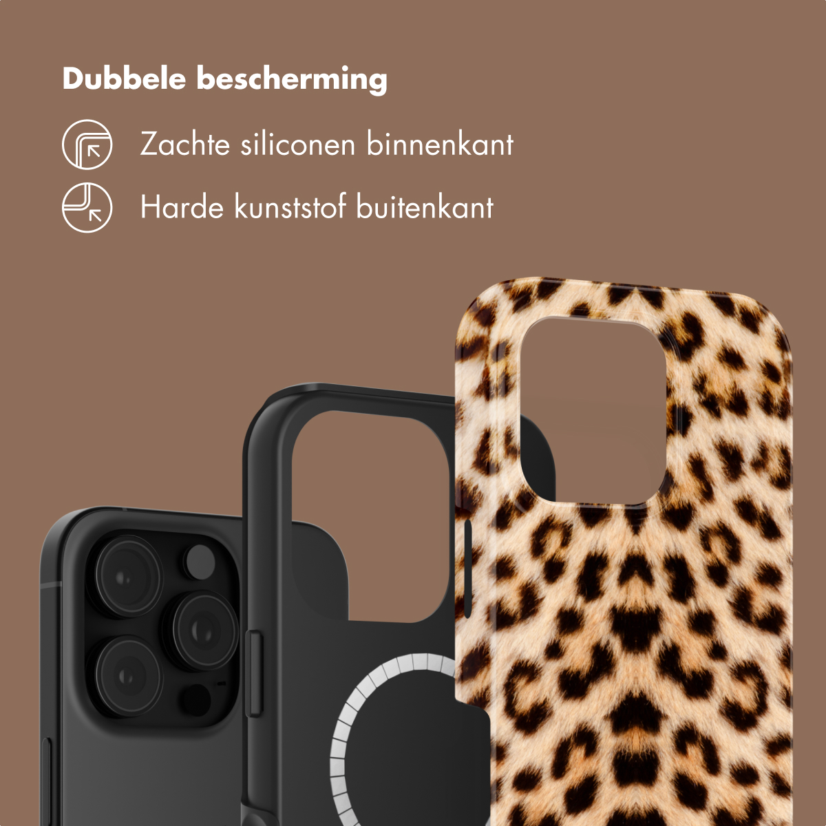 Deux coques de téléphone : une noire avec appareil photo, une avec imprimé léopard.