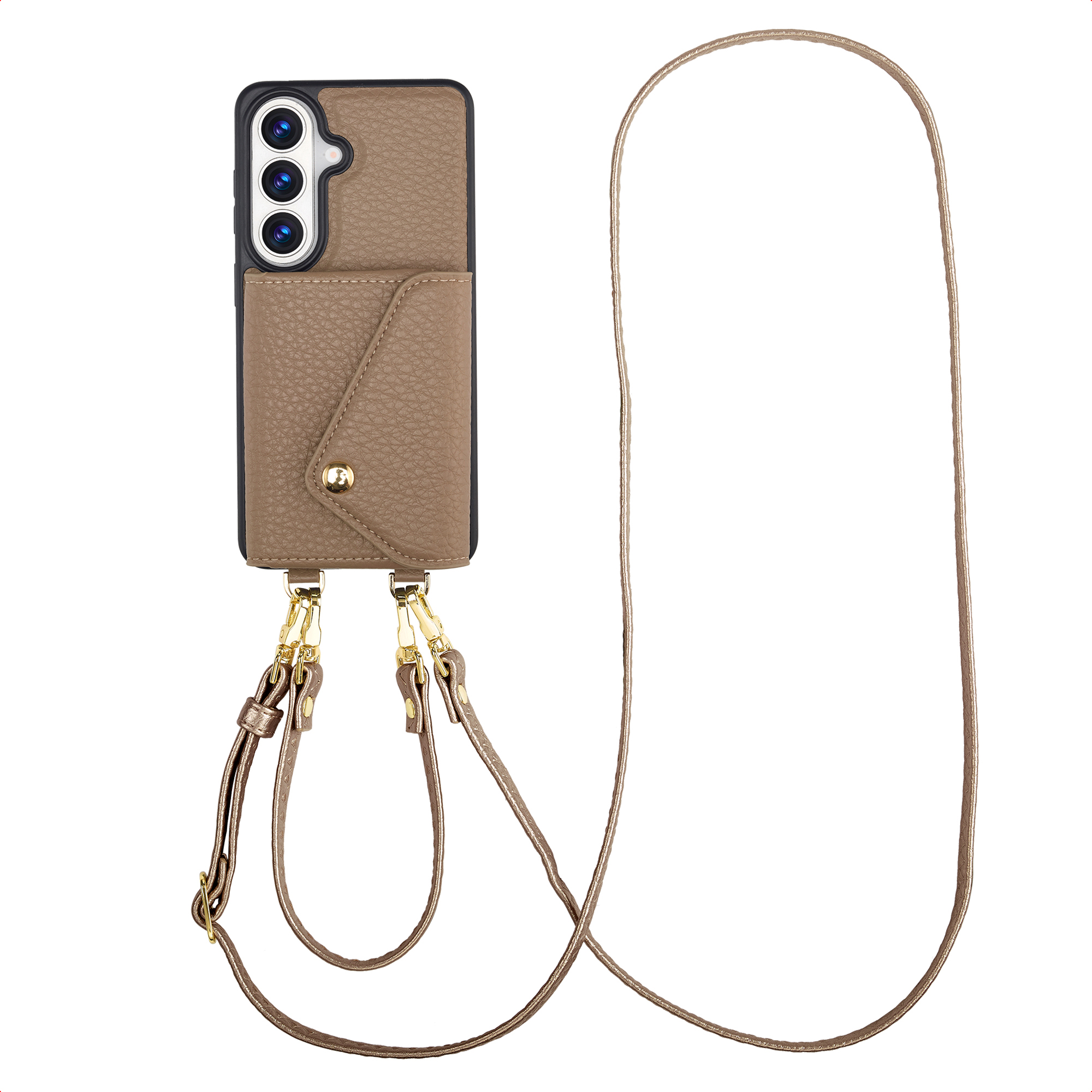 Mostrata una custodia per telefono in pelle marrone con slot per carte e cinturino dorato.
