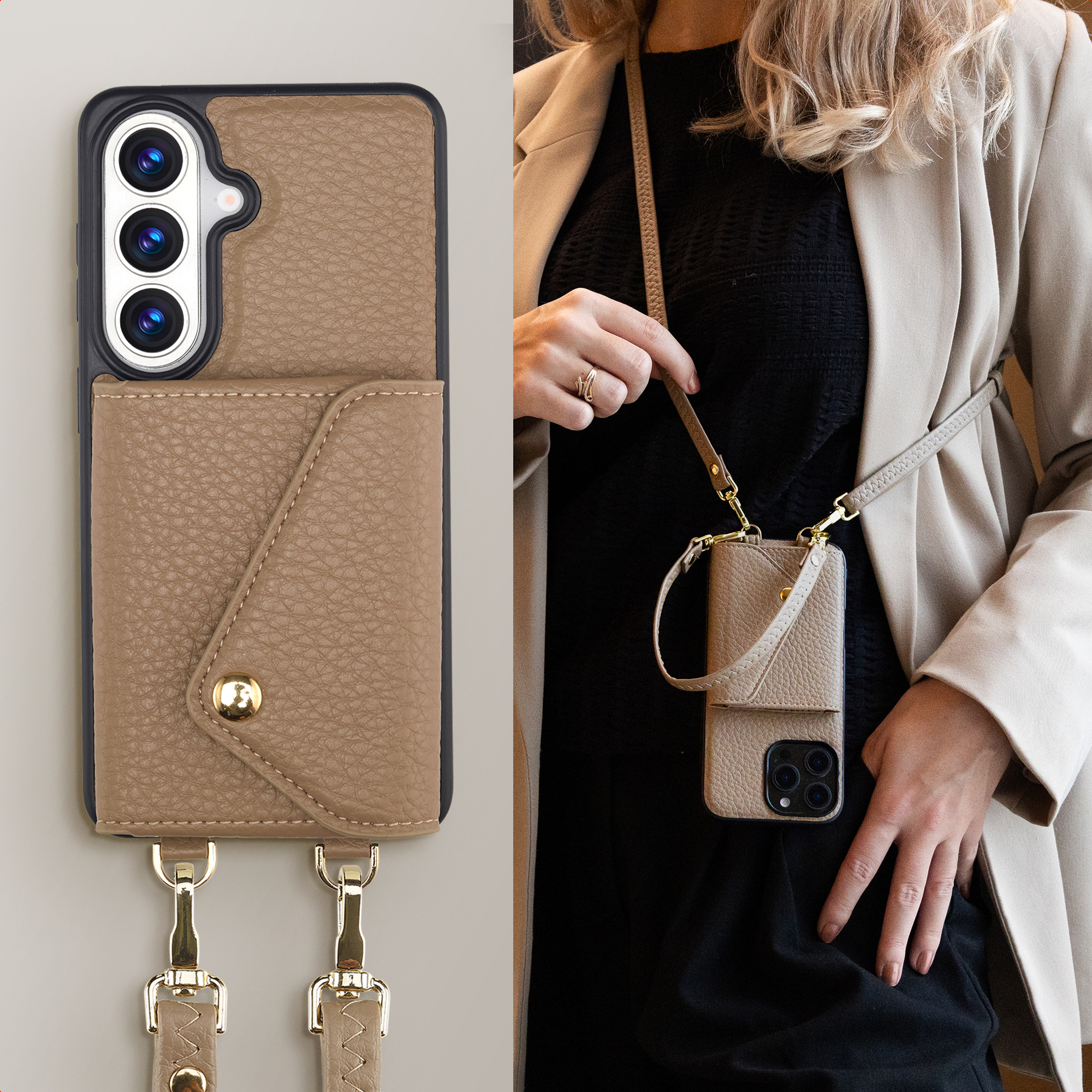 Custodia in pelle beige per telefono con fotocamera e tasca porta carte.