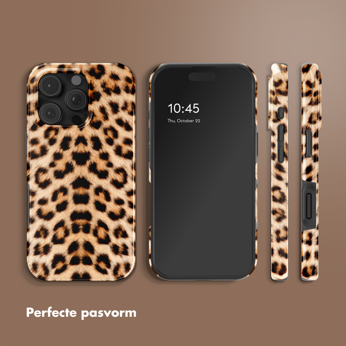 Coque de téléphone imprimé léopard, trois vues d'un smartphone.