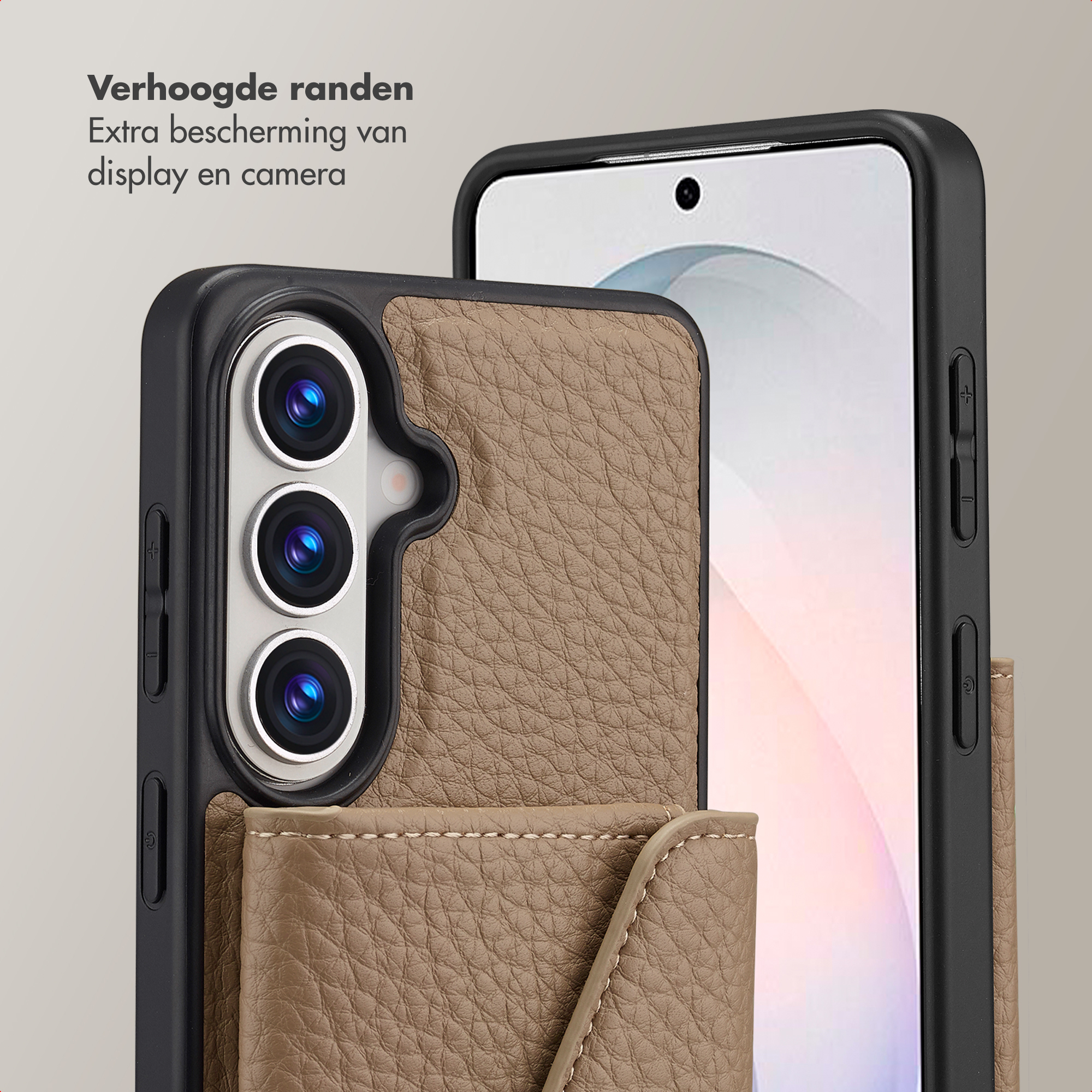 Custodia per telefono in pelle marrone con bordi rialzati per schermo e fotocamera.