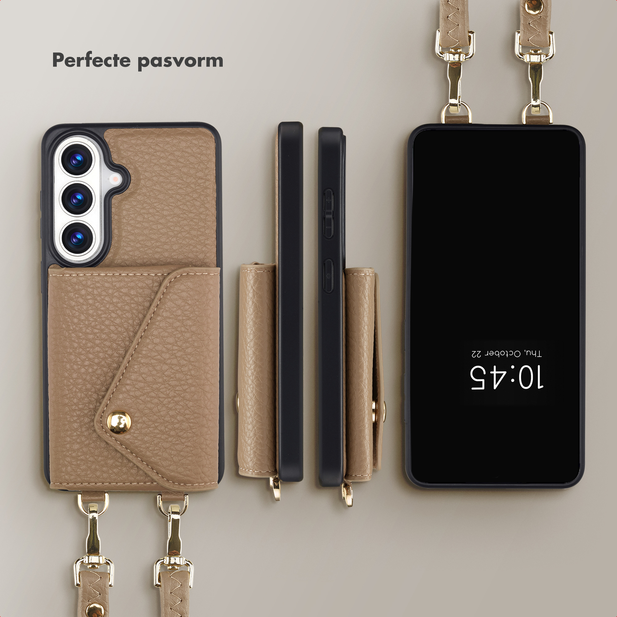 Custodia marrone per telefono con porta carte, fotocamere e cinghie.