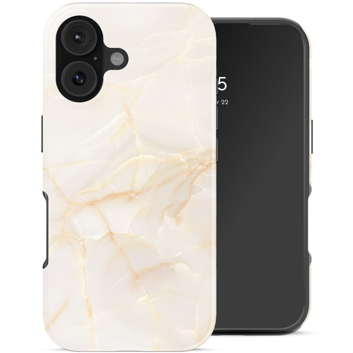 Un telefono bianco con custodia effetto marmo e schermo scuro.