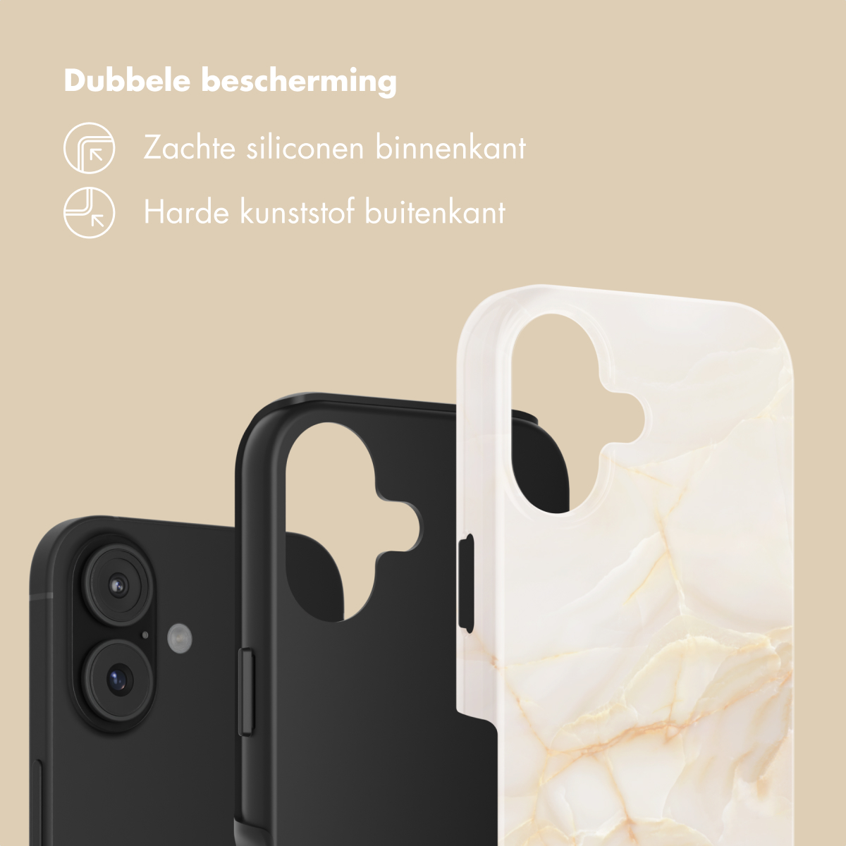 Tre cover per telefono: nera con due fotocamere, nera e bianca effetto marmo.