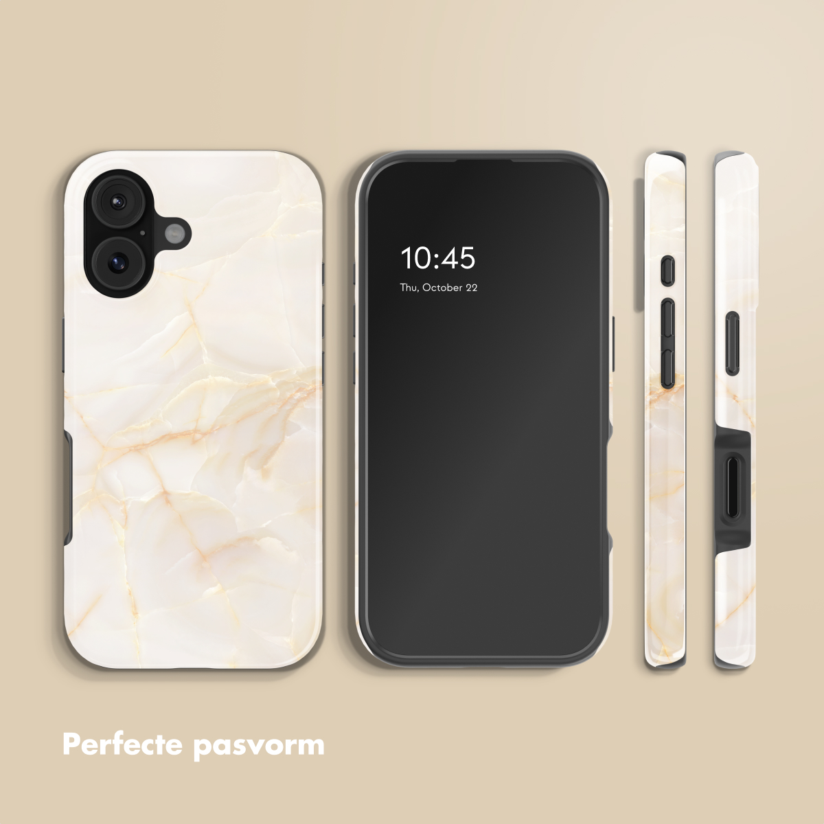 Uno smartphone con custodia effetto marmo, viste frontale e laterale.