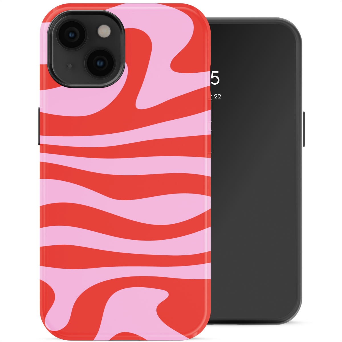 Une coque de téléphone à rayures ondulées rouges et roses à côté d'un smartphone noir.