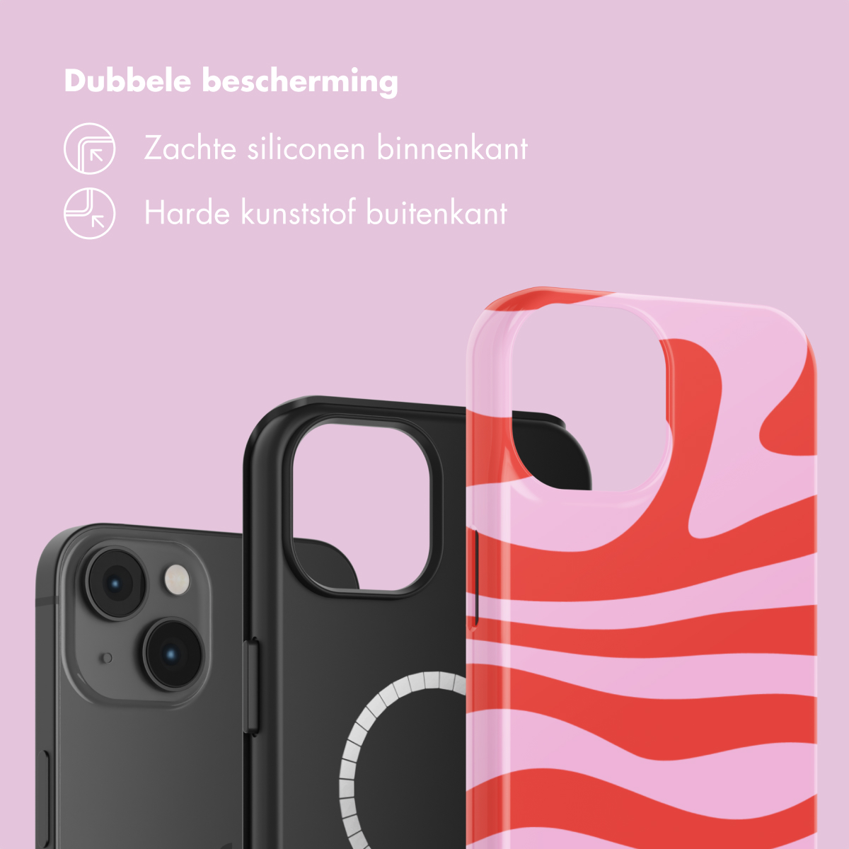 Trois coques de téléphone : noire, noire avec anneau et à motifs rose et rouge.