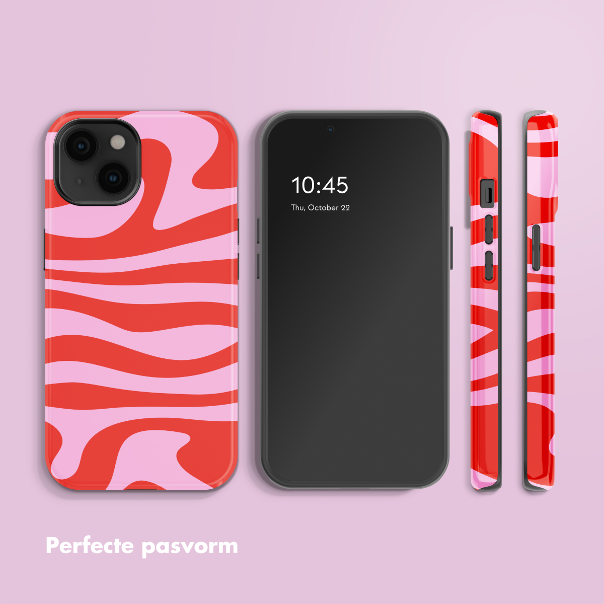 Une coque de téléphone à motif ondulé rouge et rose à côté d'un téléphone.