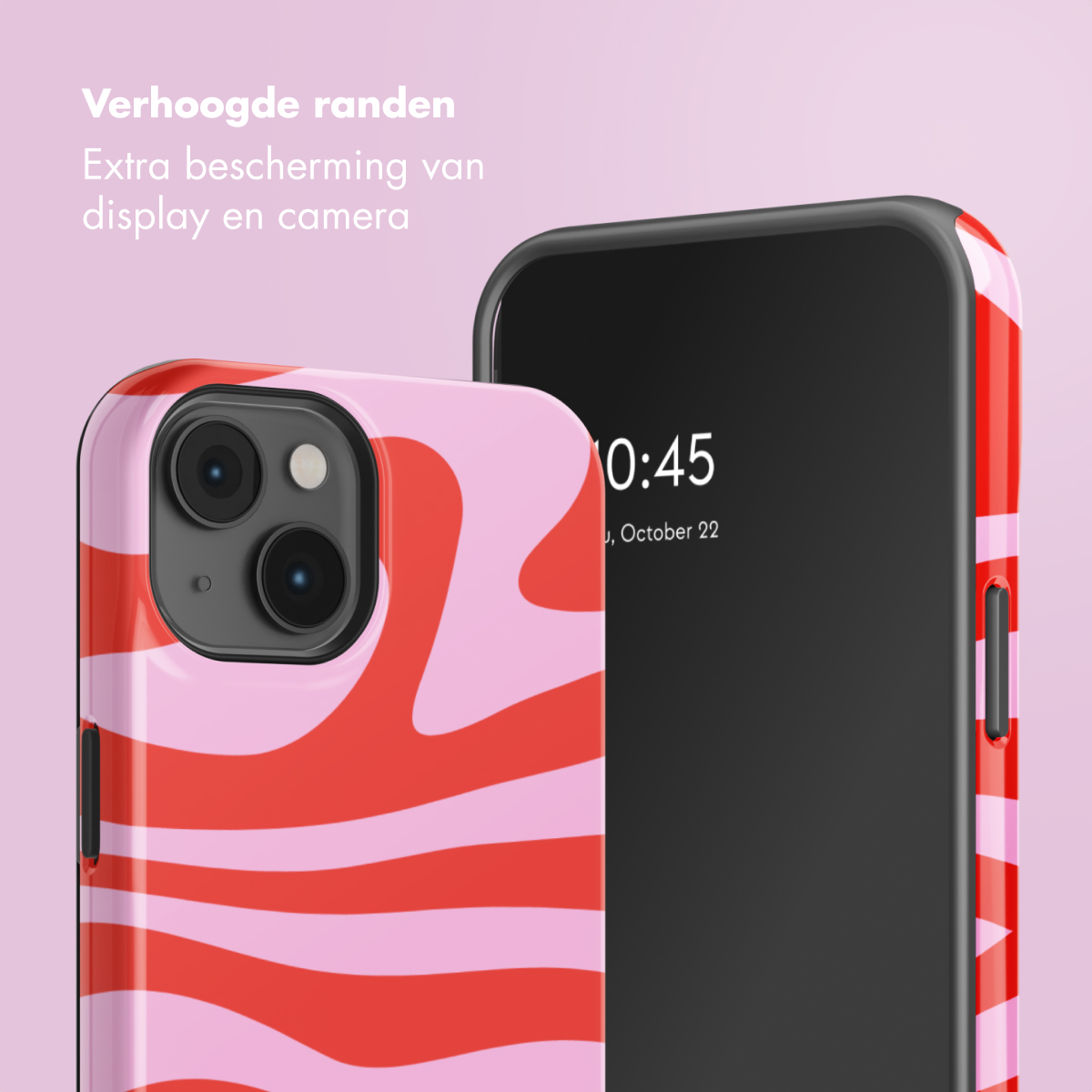 Une coque de téléphone rose et rouge à motif ondulé à côté d'un smartphone.