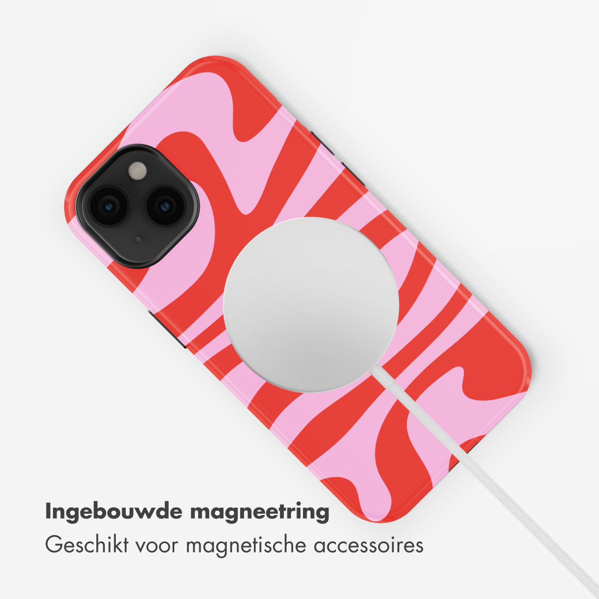Coque iPhone rouge et rose ondulée avec anneau magnétique et câble.