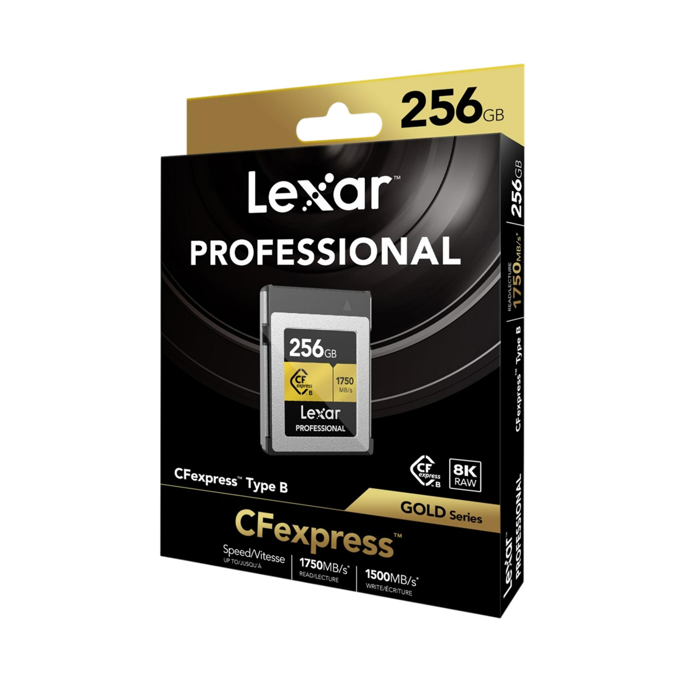 Lexar 256GB CFexpress Type B Gold Series Speicherkarte auf schwarzem Hintergrund.