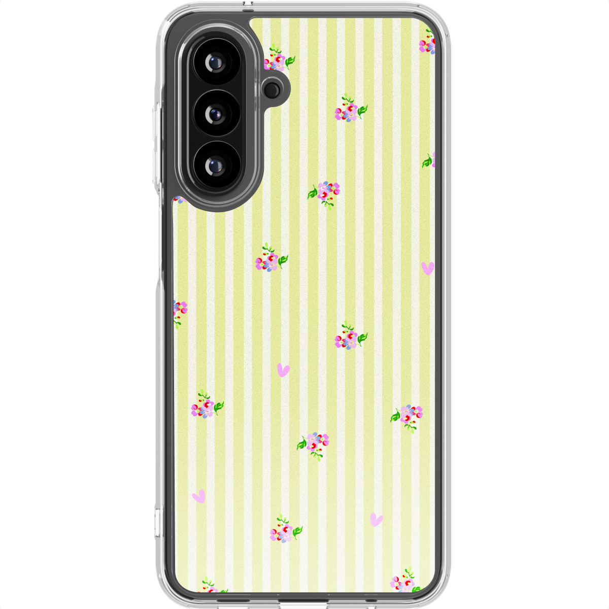 Een doorzichtige telefoonhoes met gele strepen en kleine bloemenpatronen.