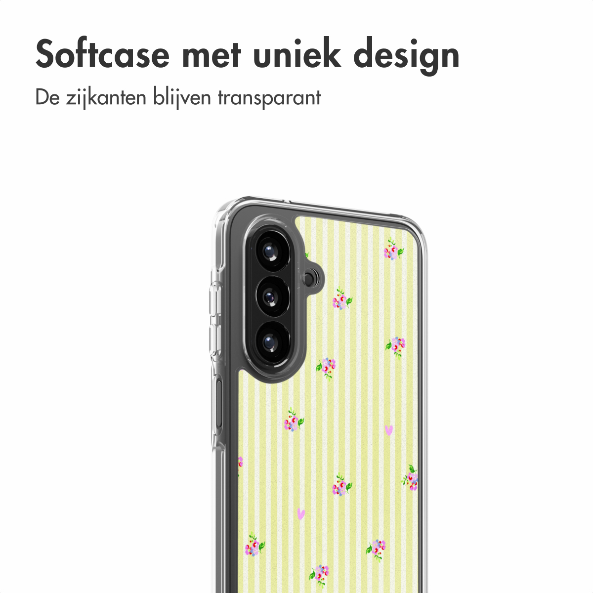 Transparante telefoonhoes met geel-witte strepen en bloemenpatroon.