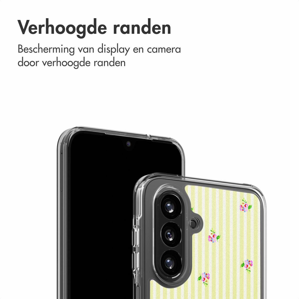 Een smartphone met een gestreept, bloemig hoesje.