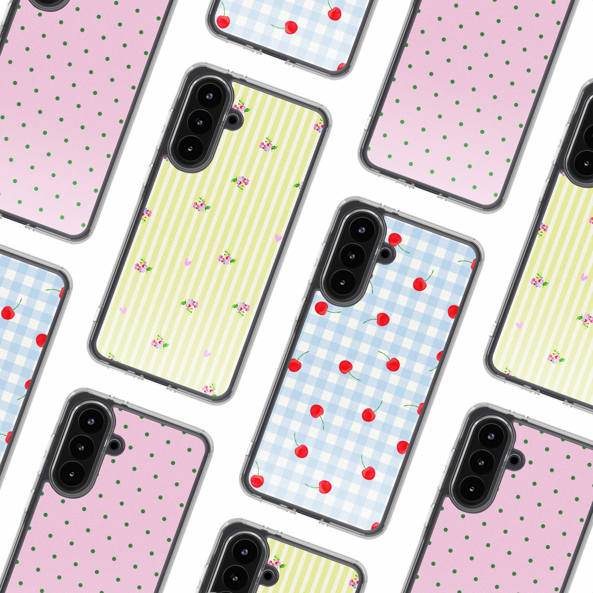 Telefoonhoesjes met roze polkadot, gele strepen en bloemen, blauw ruit met kersen.