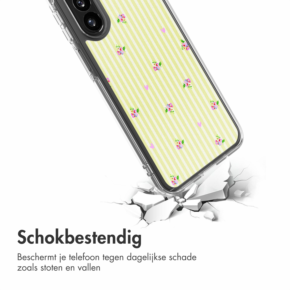 Gele telefoonhoes met strepen en bloemenpatroon op gebroken grond.