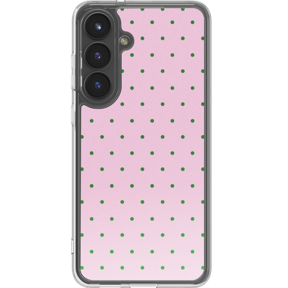 Een roze telefoonhoes met groene stippen en een cameramodule.