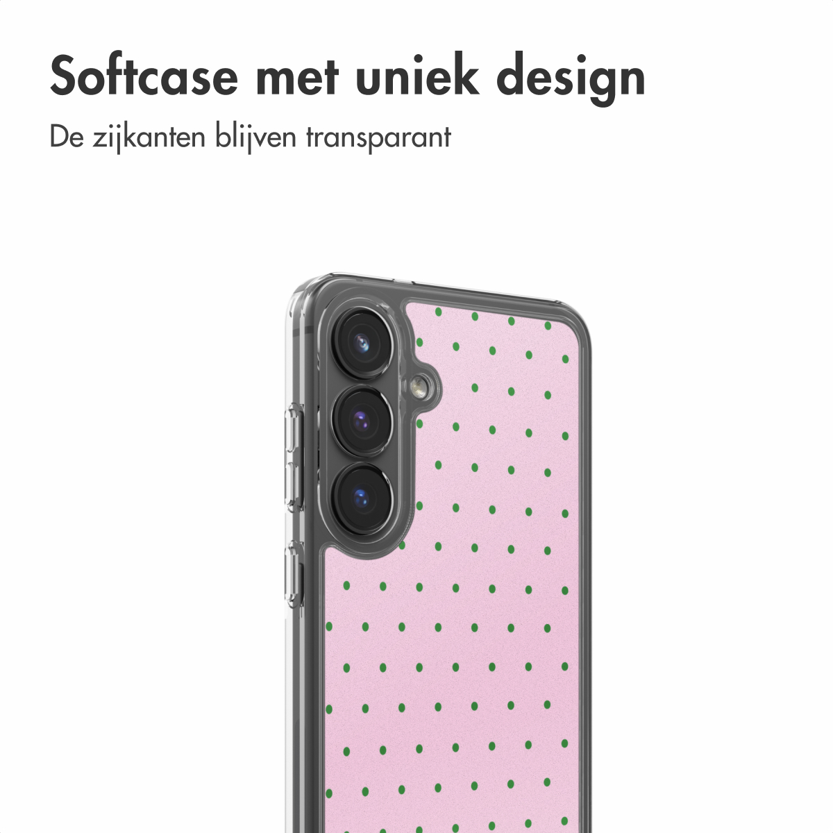Een transparante telefoonhoes met roze achtergrond en groene stippen.