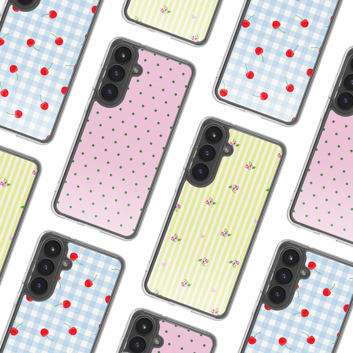 Meerdere telefoonhoesjes met patronen: kersen op blauw ruitjes, groene stippen op roze, bloemen op gele strepen.