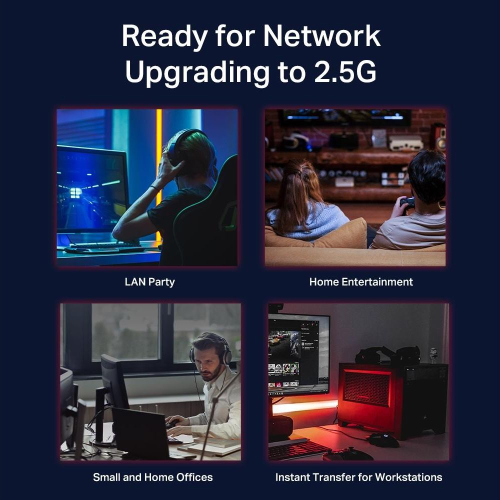 Vier Szenen: LAN-Party, Heimunterhaltung, Büroarbeit und Workstation-Datentransfer.