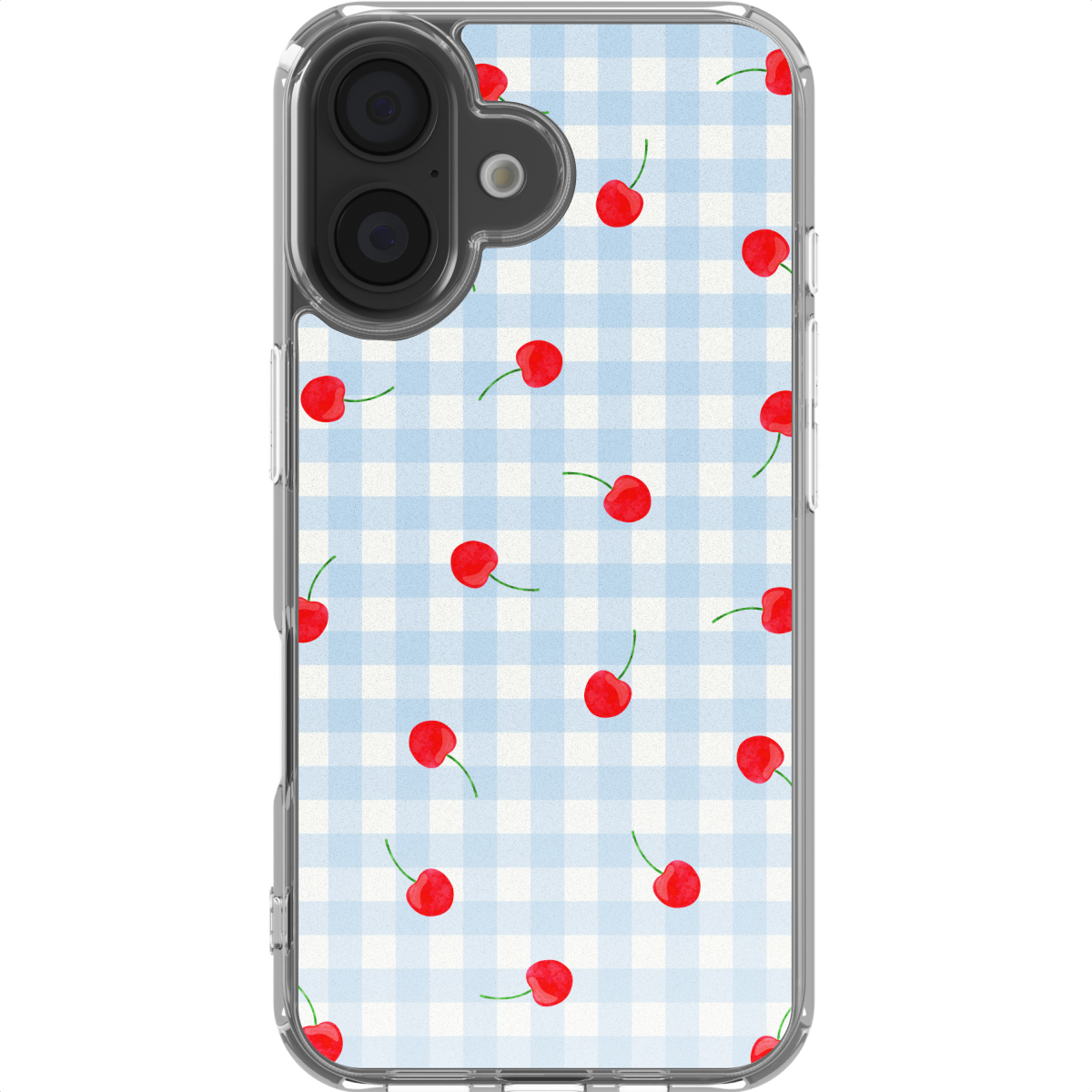 Een telefoonhoes met blauw-wit vichy-ruitjespatroon en kersen.