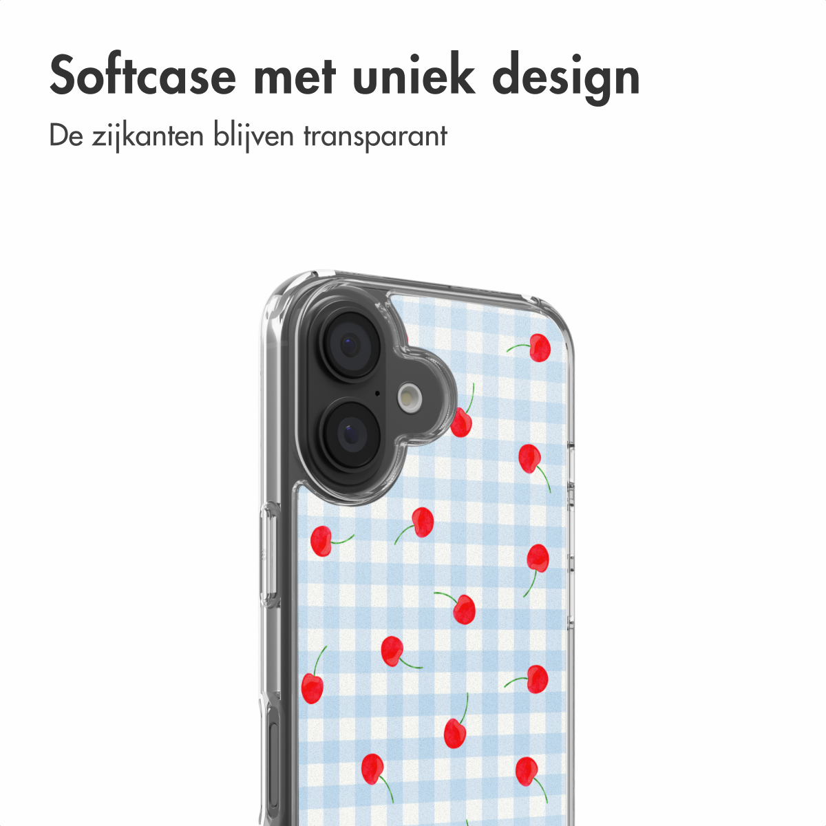 Transparante telefoonhoes met blauw-wit ruitpatroon en rode kersen.