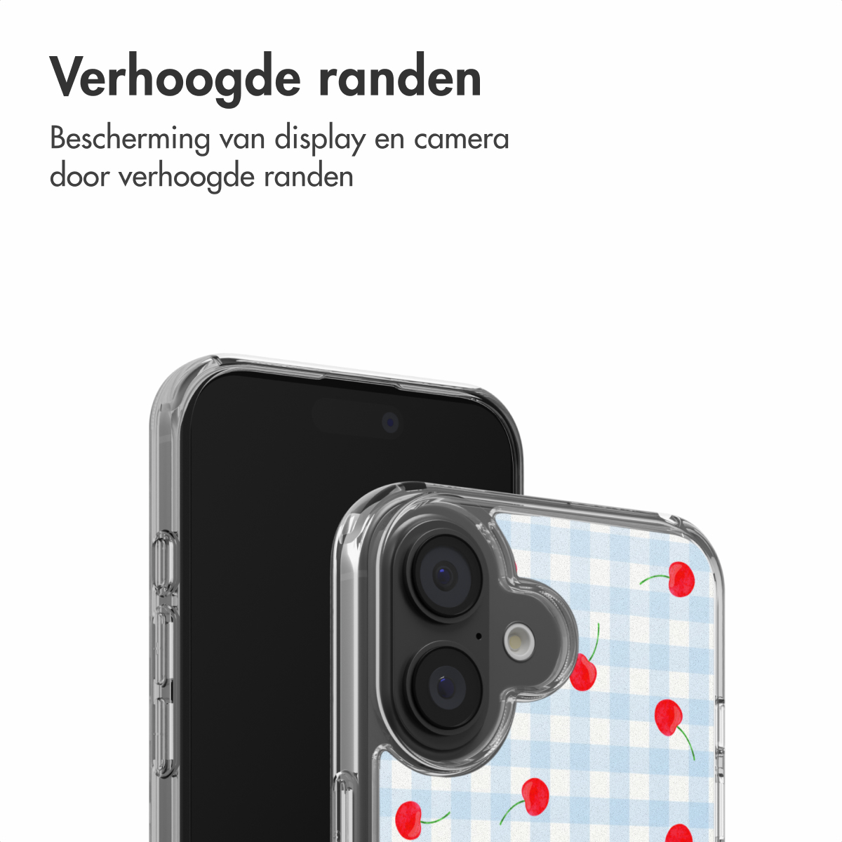 Een doorzichtige telefoonhoes met kersenpatroon op een blauw raster.